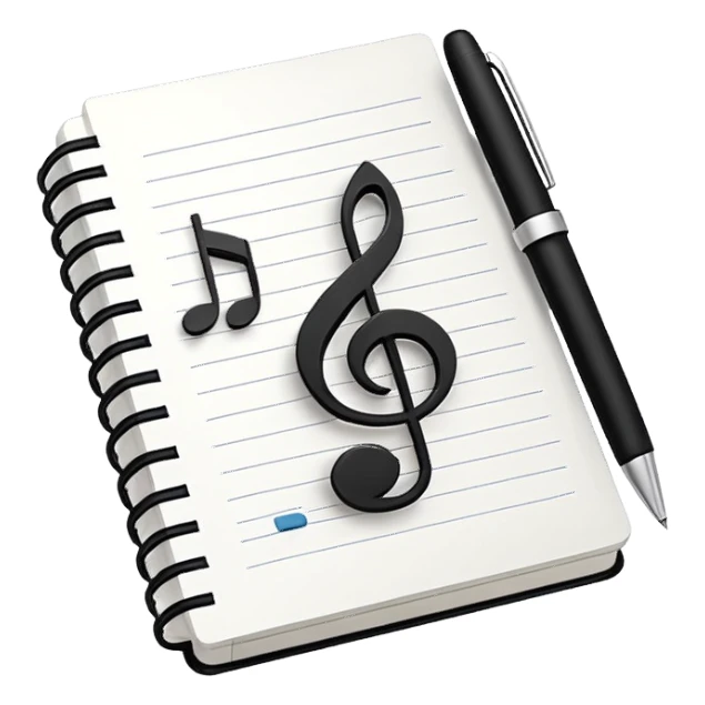Minimalistic flat vector icon, iOS style, thin black contour on white background. Small notebook with a musical note on the cover, a pen placed next to it. Clean, modern, no text, no shadows. sticker