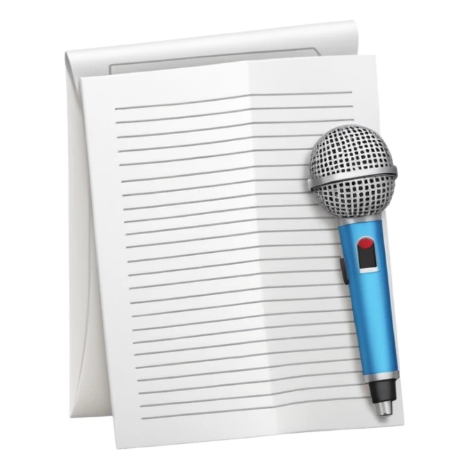 minimalist oconography design: white document with a folded top-right corner and horizontal lines, outlined in a brick pattern. At the top center of the document is an icon indicating ai. In front of the document a microphone icon sticker