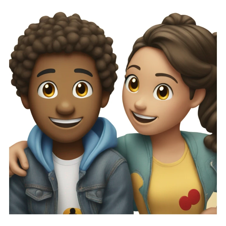 smiling friends indoors together with mickey mouse sticker