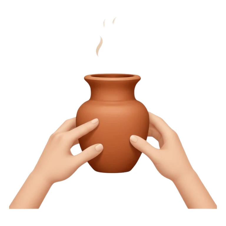 Minimalistic flat vector icon, iOS style, thin black contour on white background. Hands shaping a small clay vase. Clean, no text, no shadow sticker