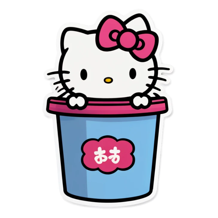 A trash bin that says GOODBYEEEE with hello Kitty in it sticker