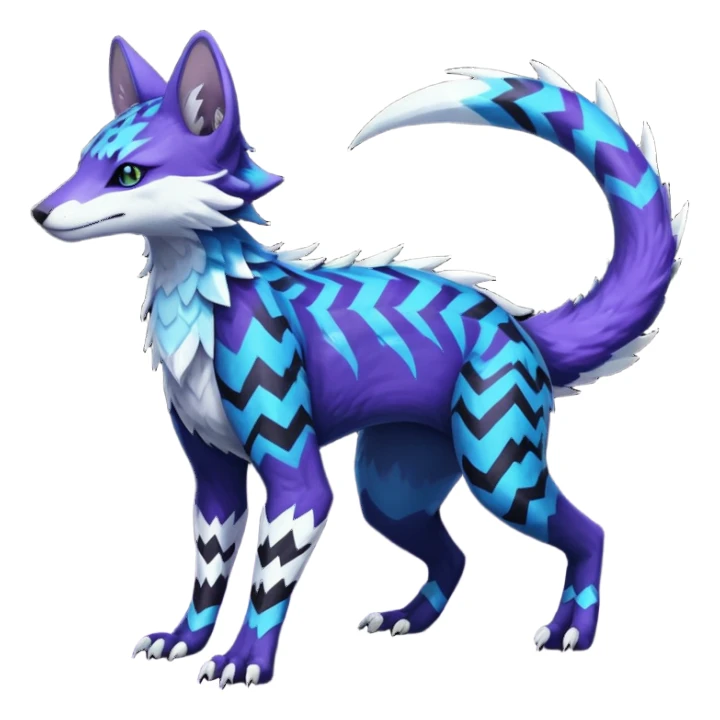 starry sparky fizzy Black-Dark-Vortexed Lightning-strike-zig-zag-patterned striking indigo-violet-blue-cyan-gradiented with dark undertones, white underside, thunderous stormy edgy badass realistic Vernid-Sergal-Genet-Trico-species by LiLaiRa, full body sticker