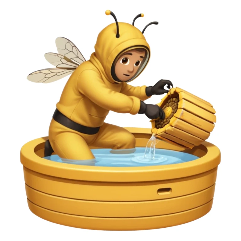 Man removing beehive from hot tub with bee had on sticker