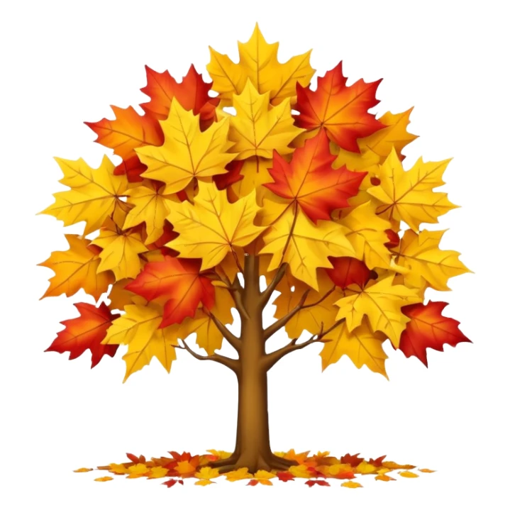 Generate a high-quality image of a yellow maple tree with autumn foliage, full canopy of leaves, realistic color and shading, smooth gradient colors, no facial features, no brand markings, simple white background, high-resolution. sticker