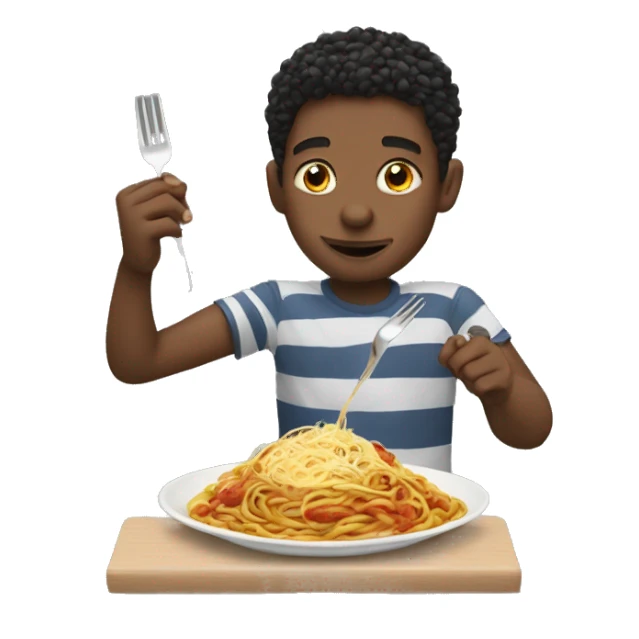 Boy eating spaghetti using someone else’s hand as fork sticker