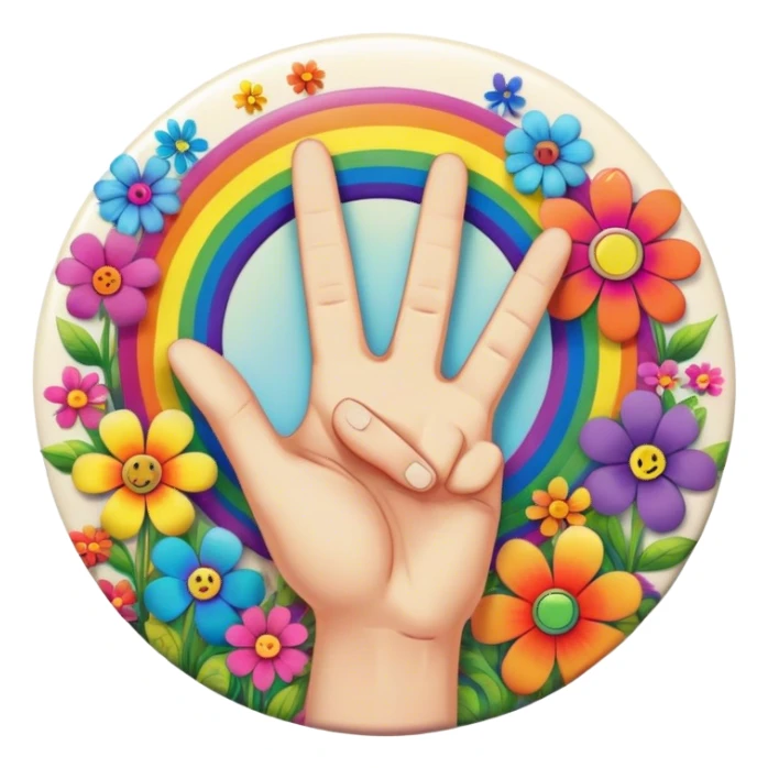 A round psychedelic colored button with a hand making the peace sign in the center surrounded by rainbow colored hippie style flowers sticker