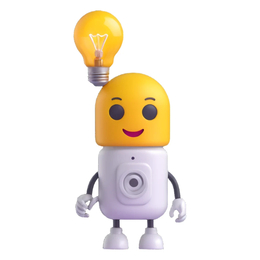 tiny robot emoji with a lightbulb head, symbolizing AI, cheerful face sticker