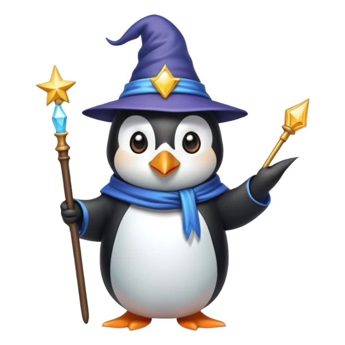penguin wizard with magic wand and pointed hat sticker