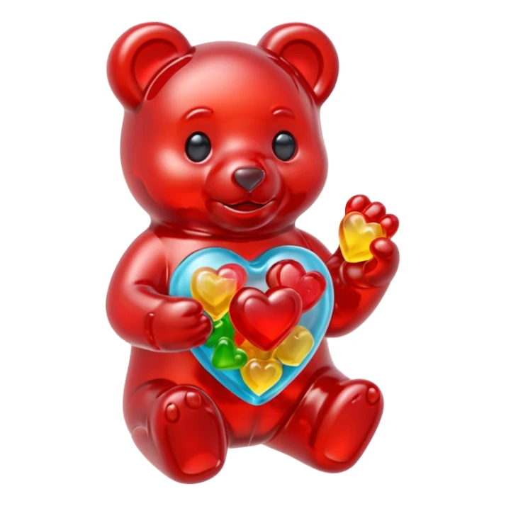 Multicolored gummy bear holding gummy anatomically correct heart sticker