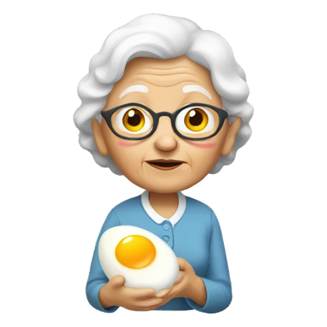 old lady with egg sticker