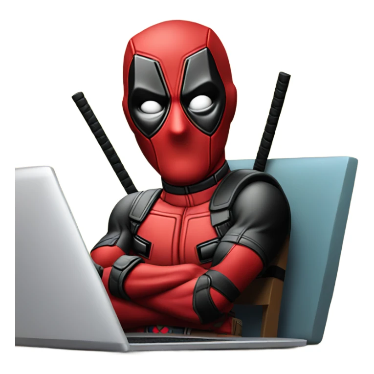 Cute Deadpool sitting at a desk, front view laptop sticker