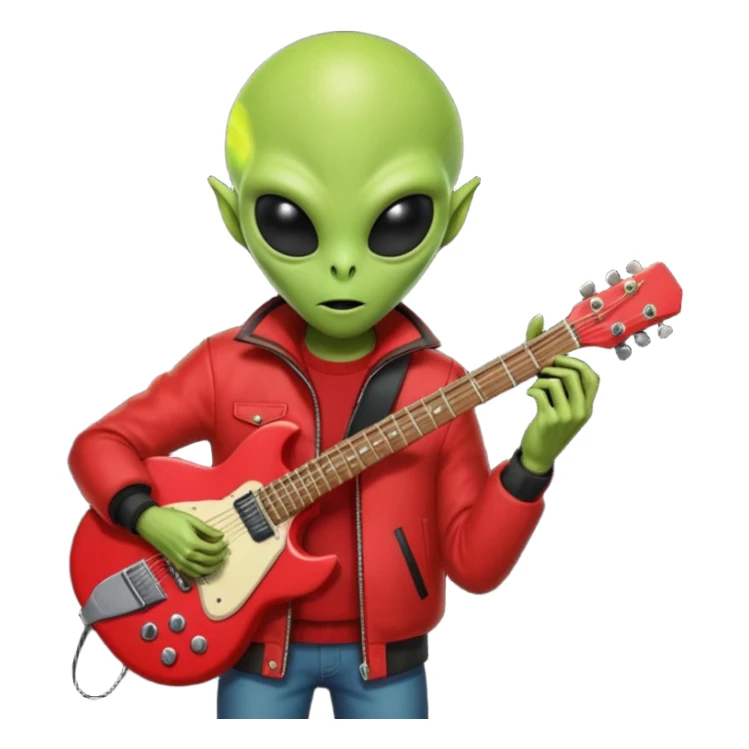 guitar rock player, aliens head, red jacket sticker