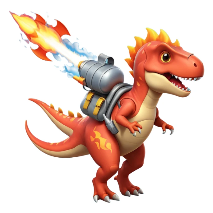 rocket-propelled dinosaur character, cute T-rex, rocket pack on its back, flames and smoke trail, dynamic flying pose, 3D cartoon, mobile game icon style, clean background, no text, no watermark
 sticker