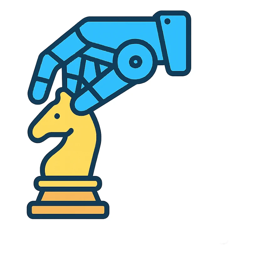 icon featuring a robotic hand moving a chess piece representing the intersection of AI and strategic thinking in a contemporary flat design sticker