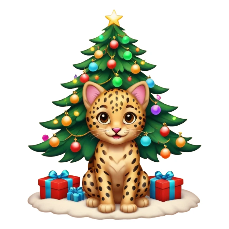 Smiling Leopard kitten under a multicolored lighted glowing christmas 🎄  sticker