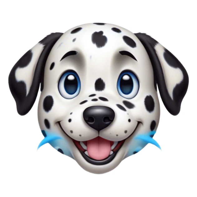 Cinematic Comical Spotted Dalmatian Portrait Emoji, Head tilted dramatically with an exaggeratedly shocked or amused expression, featuring a striking Fur of predominantly white with vivid black patches, wide, expressive blue eyes filled with playful disbelief, Simplified yet hilariously expressive features, highly detailed, glowing with a slightly sassy glow, high shine, dramatic yet playful, stylized with an air of cheeky charm, bright and endearing, soft glowing outline, capturing the essence of a spirited and over-the-top guardian, so meme-worthy it feels like it could side-eye its way into internet fame instantly! sticker