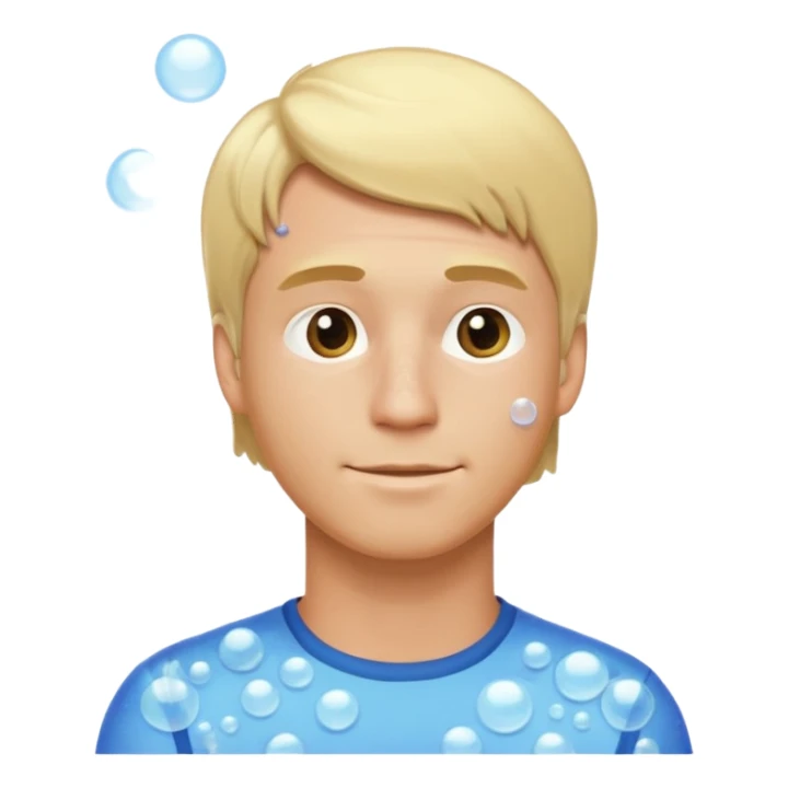 blonde man taking a shower, side view, covered with bubbles, friendly expression, modest, emoji style sticker