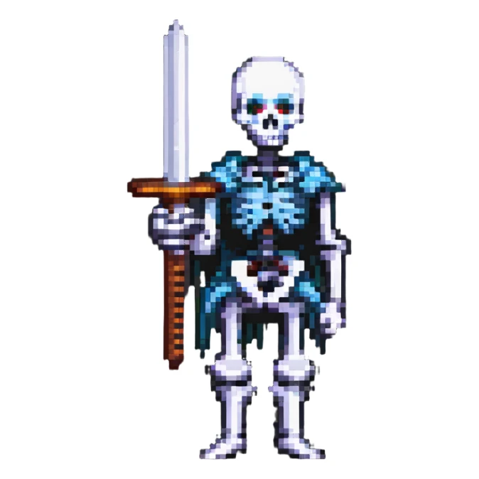 pixel art skeleton holding a sword, simple and bold sticker