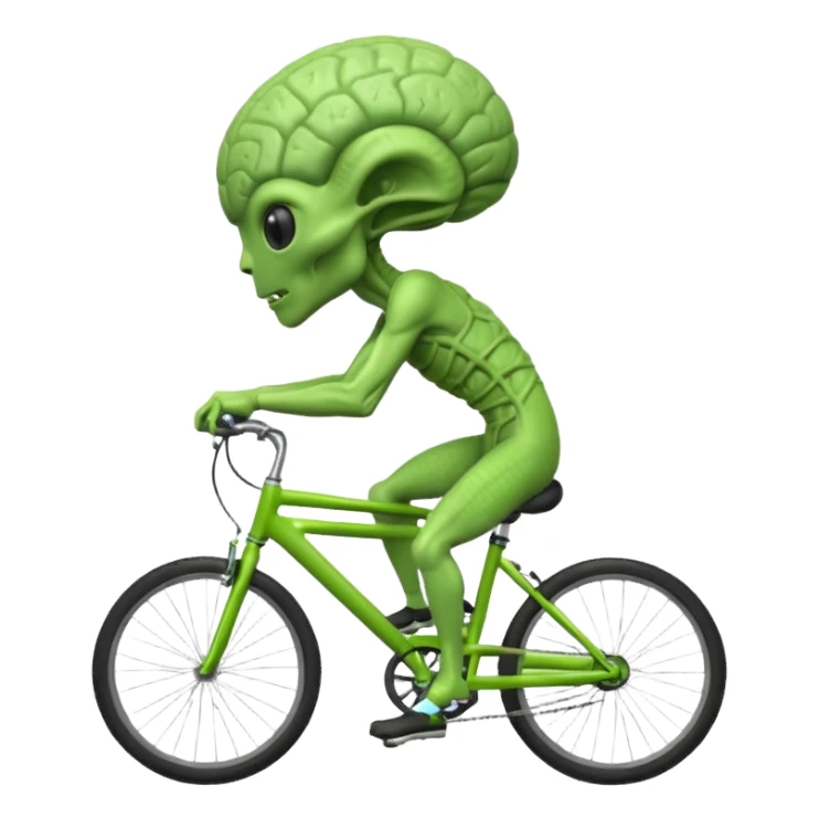 big-brain alien riding a bicycle, oversized head, visible brain texture, intelligent but clumsy cycling pose, sci-fi cartoon vibe, 3D cartoon, mobile game icon style, clean background, no text, no watermark
 sticker