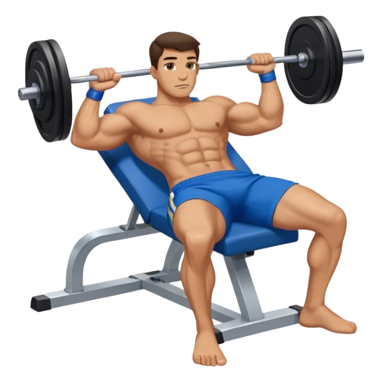 brunette buff man with blue shorts lying down benchpress sticker