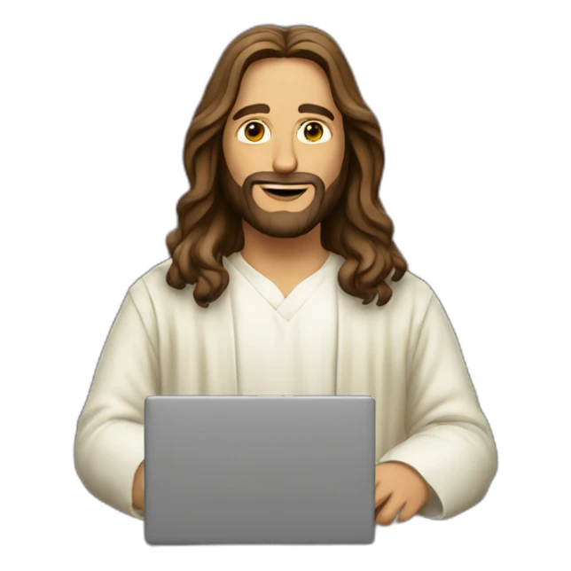Jesus in modern clothes with a laptop sticker