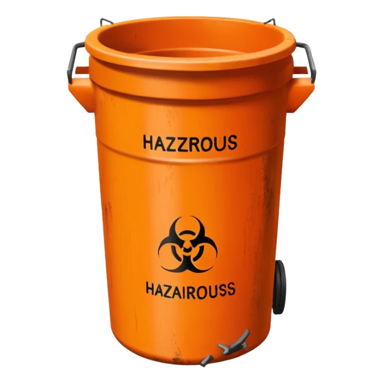 empty orange BIN WITH "HAZARDOUS" WORD IN IT. CORRECT SPELLING PLEASE sticker