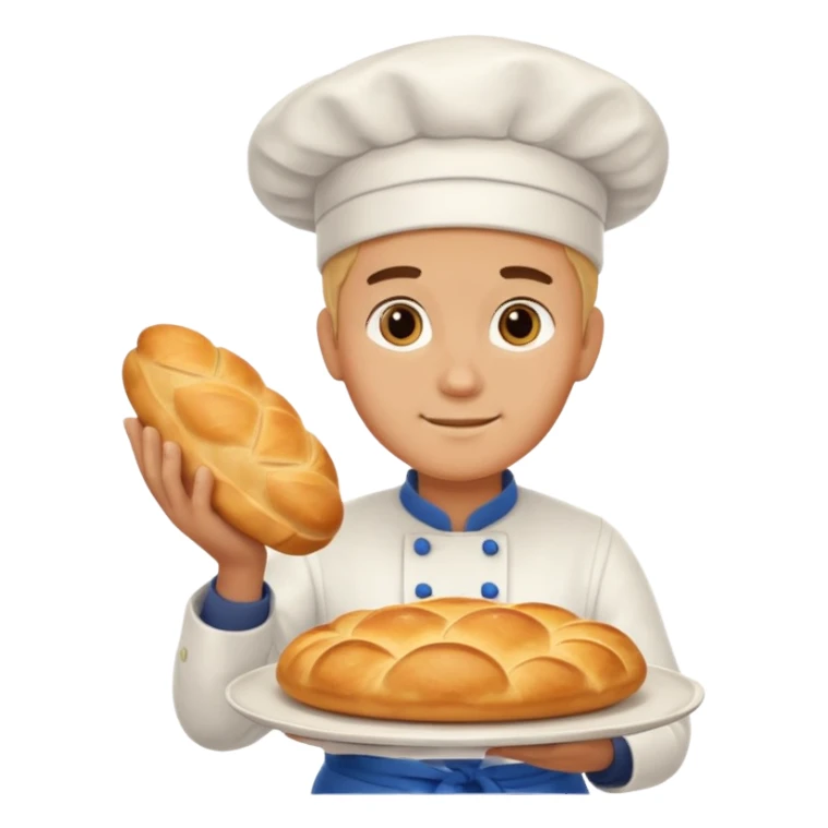 baker holding tray with big bread sticker