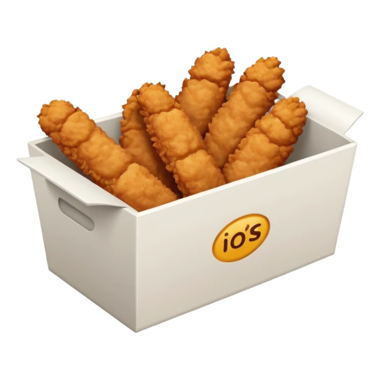 a frontal rectangular white box with no lid, filled with crispy fried chicken fingers sticker