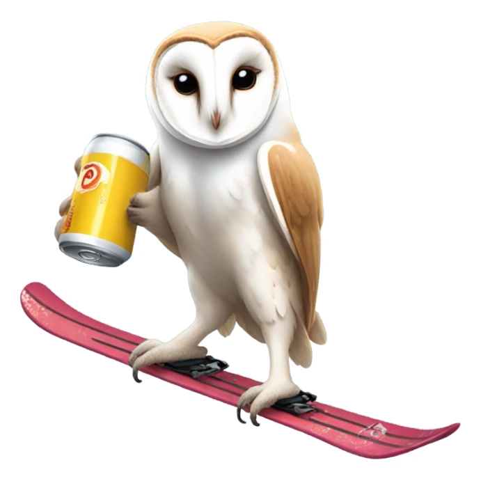 Barn owl skiing while holding a beer sticker
