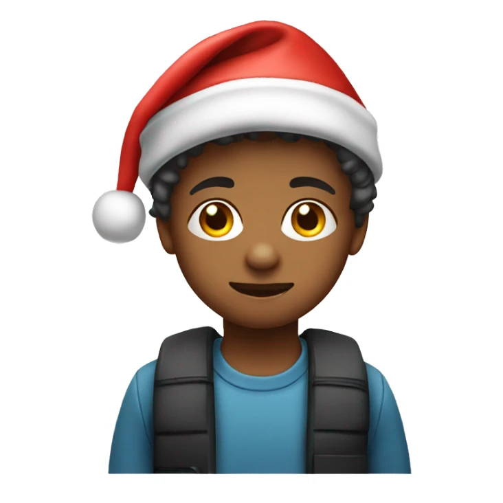 A kid wearing a santa hat with a iphone sticker