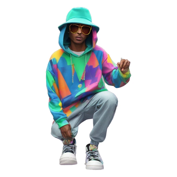 Multicoloured neon person smoking wearing patchwork patterned hippie groovy retro hoodie dancing hip hop bucket hat tropical Skater fashion aesthetic baggy clothes graphic t shirt 420 sticker