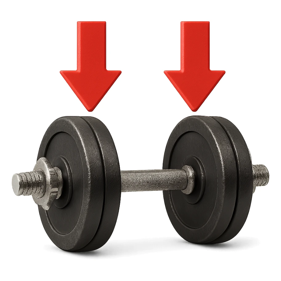 realistic dumbbell with thick red arrows pointing down, 3D effect, isolated on white background sticker