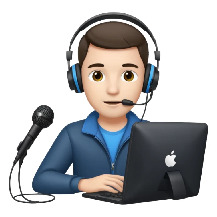 Man with headphones and microphone with computer. Operator sticker