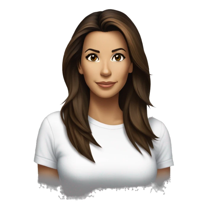 3/4 face, contrasted, shadow, light, Eva Longoria expression, standing from a distance, thin nose, brunette woman, hazel eyes, long eyelashes, dark shoulder shaded hair, white t-shirt, jeans, white sneakers sticker