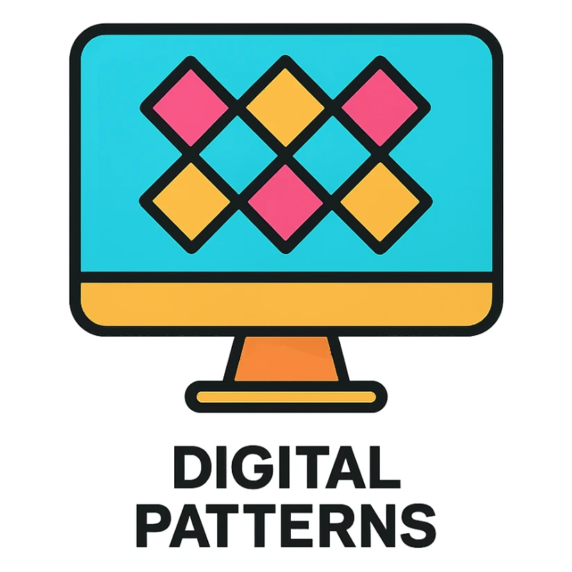 Flat design icon for 'Digital Patterns' depicting a screen with a pattern outline, maintaining a modern and clean look sticker