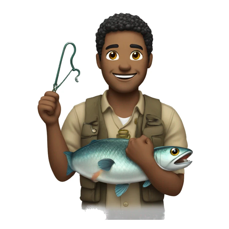 smiling and holding fishimg hook in his hands sticker