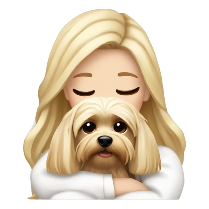 White girl blonde hair closed eyes white sweater hugging Yorkshire terrier  sticker