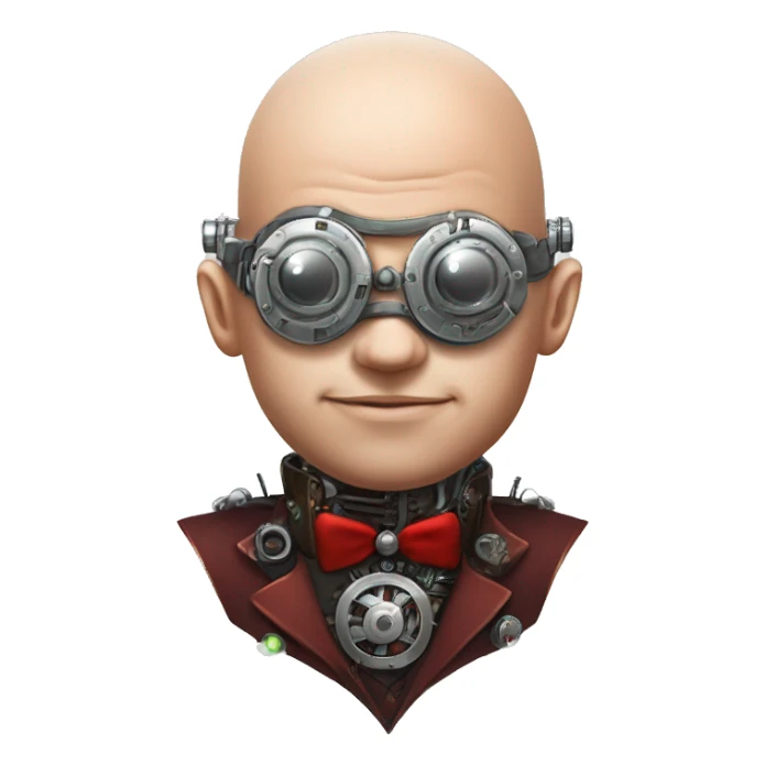 Bald cyborg head with red Mohawk, red beard. silver steampunk monocle goggles a smile and circuits sticker