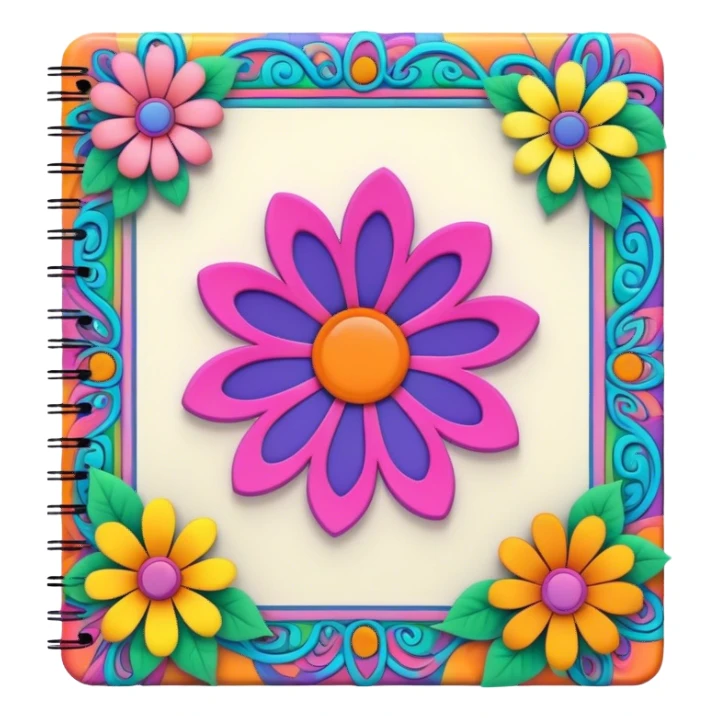 3D, psychedelic colored note pad with hippie style flower border sticker