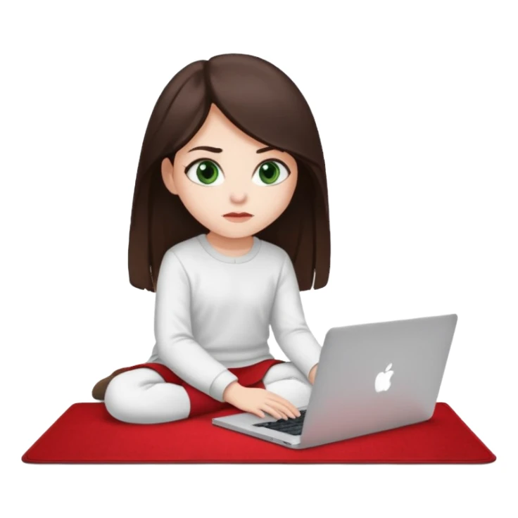 Long dark brown haired, white skinned, dark green eyed girl in white clothes girl sitting in macbook with a red carpet  sticker