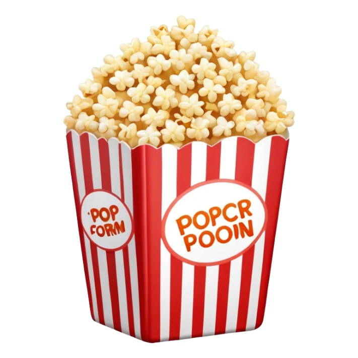 extremely minimalist popcorn in red and white vertically striped box, absolute minimum details, no text, no labels, pure iOS emoji style with glossy finish sticker