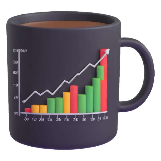 a coffee mug with a stock chart on it sticker