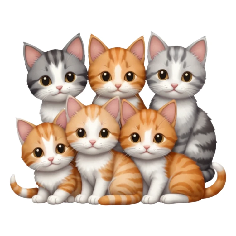 6 tiny kittens cuddling together all various different natural colours including grey and white, ginger and white, calico, grey, and brown tabby and white sticker