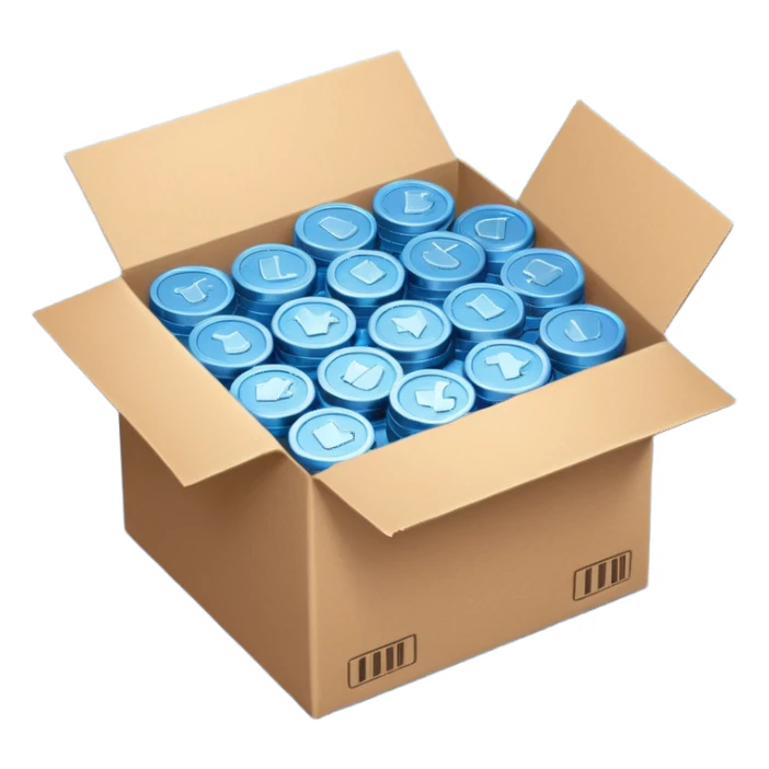 blue coins in a cardboard package sticker