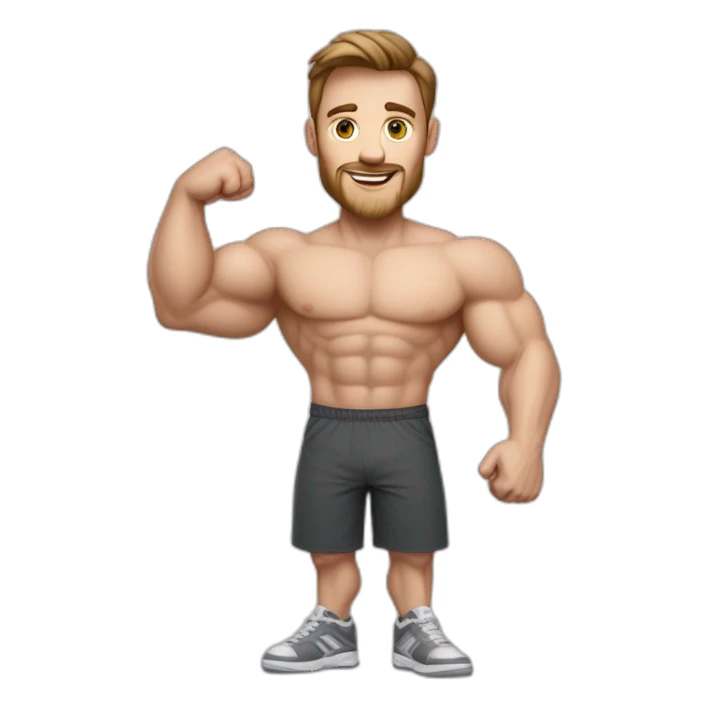 Full height realistic Actively gesturing with hands Pale skinned Fit Man With the biceps and brown hair in dark gray Sleeveless Mike, black oversize sports shorts, watch and white Sneakers sticker