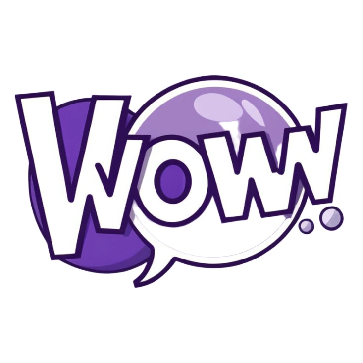 Purple bubble with white text saying "WOW!" sticker