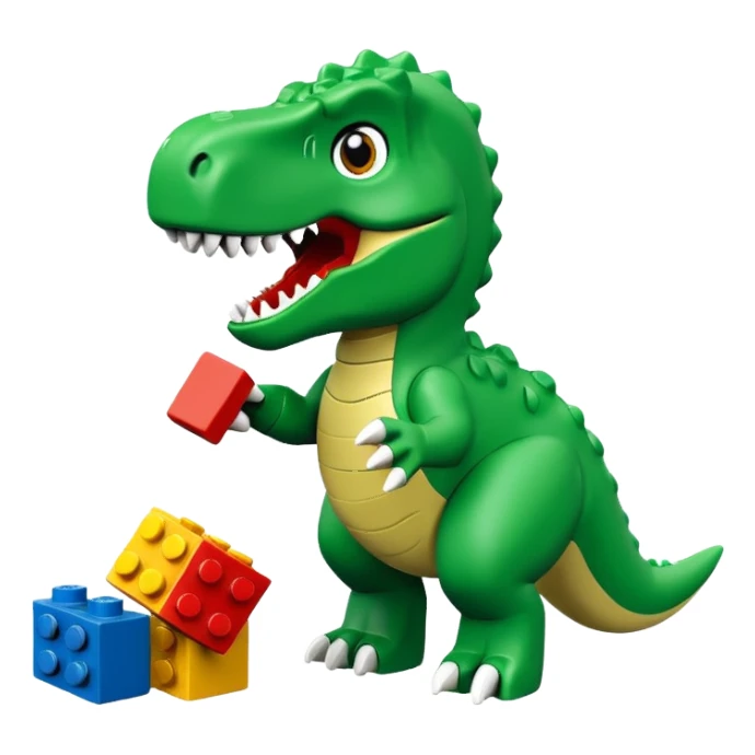 A cute green t-rex playing with LEGO bricks sticker