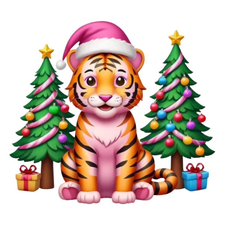 Smiling Pink tiger with Santa sitting by a brightly lit colorful Christmas trees and candy canes 🎁  sticker