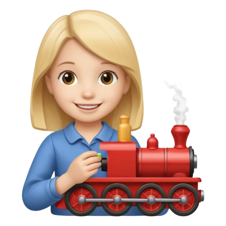 small girl holding small train toy sticker