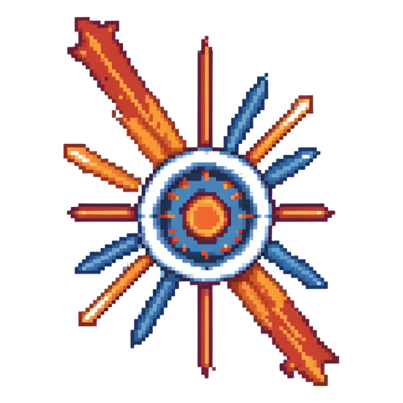 Bomb range power-up sprite, 64x64 pixels, explosion with red and orange arrows extending outward in four directions, target/bullseye design, vibrant red/orange color palette, clean pixel edges, recognizable icon that represents increased blast radius sticker